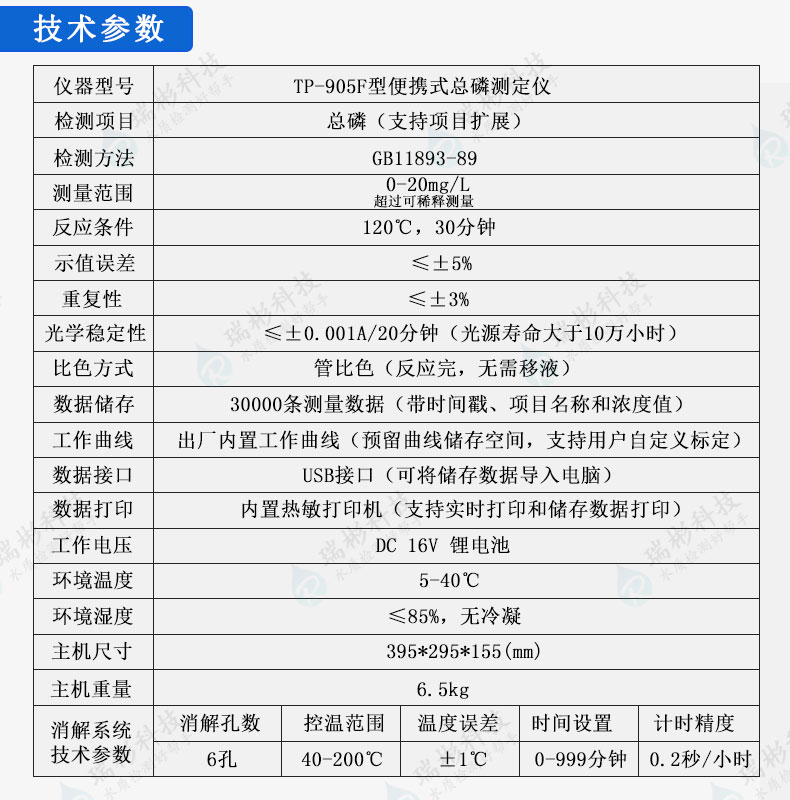 TP-905F型便攜式總磷測定儀技術參數