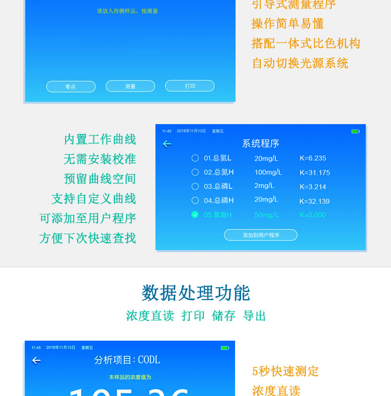 多參數水質檢測儀COD氨氮總磷總氮重金屬測定儀數據處理功能